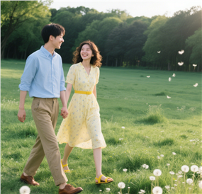 户外踏青手牵手治愈系情侣图片